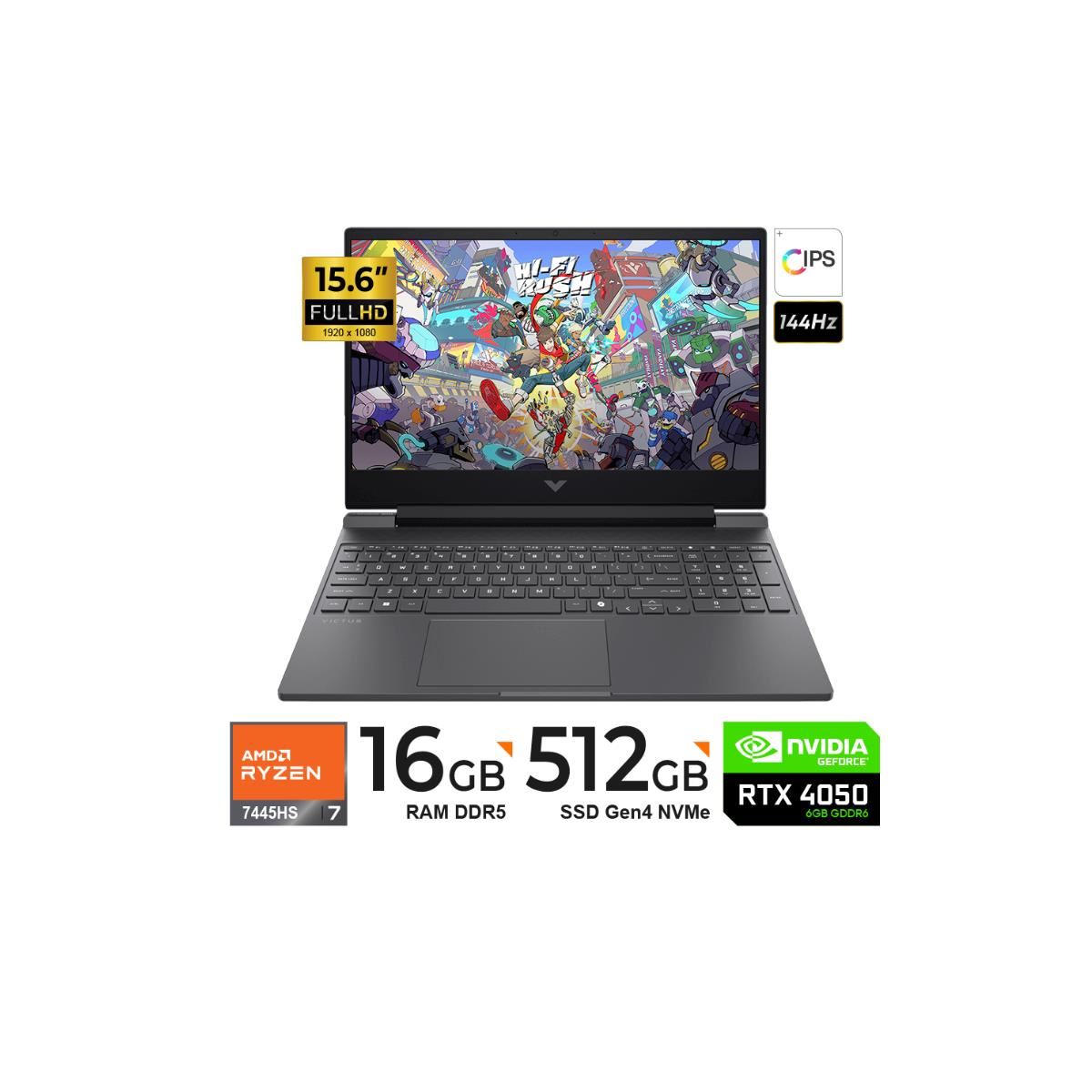 Laptop HP Victus Gaming 15.6" FHD IPS Ryzen 7 7445HS 4.7GHz 16GB DDR5 512GB SSD RTX 4050 6GB FreeDOS